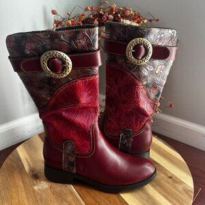 Womens Bohemian Burgundy Leaf Floral Faux Leather Cowboy Booy Sz 6.5